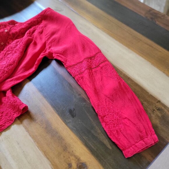 Johnny Was Red Embroidered Button-Front Long Sleeve Tunic Blouse Size S - Picture 12 of 12